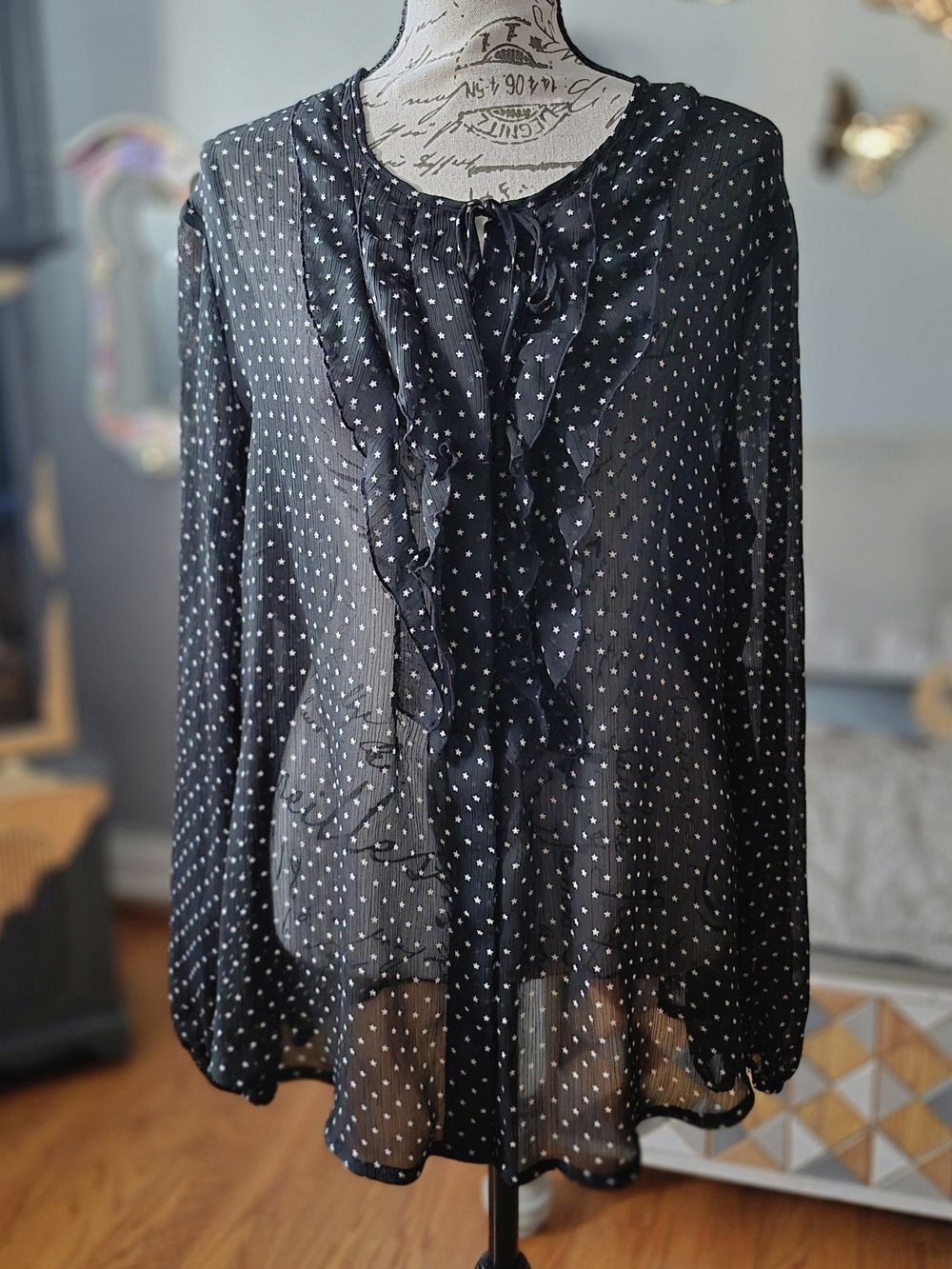 a.n.a Romantic Night Sheer Black Polka Dot Ruffle Tie-Neck Blouse XL